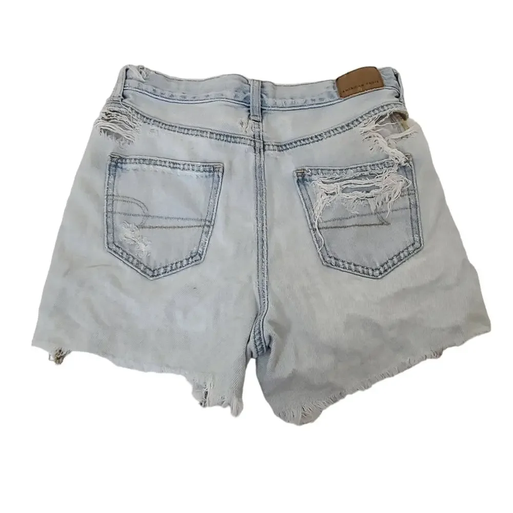 American Eagle Jean Shorts Women SZ 0 Mom Denim Blue Distressed Cut Off Festival